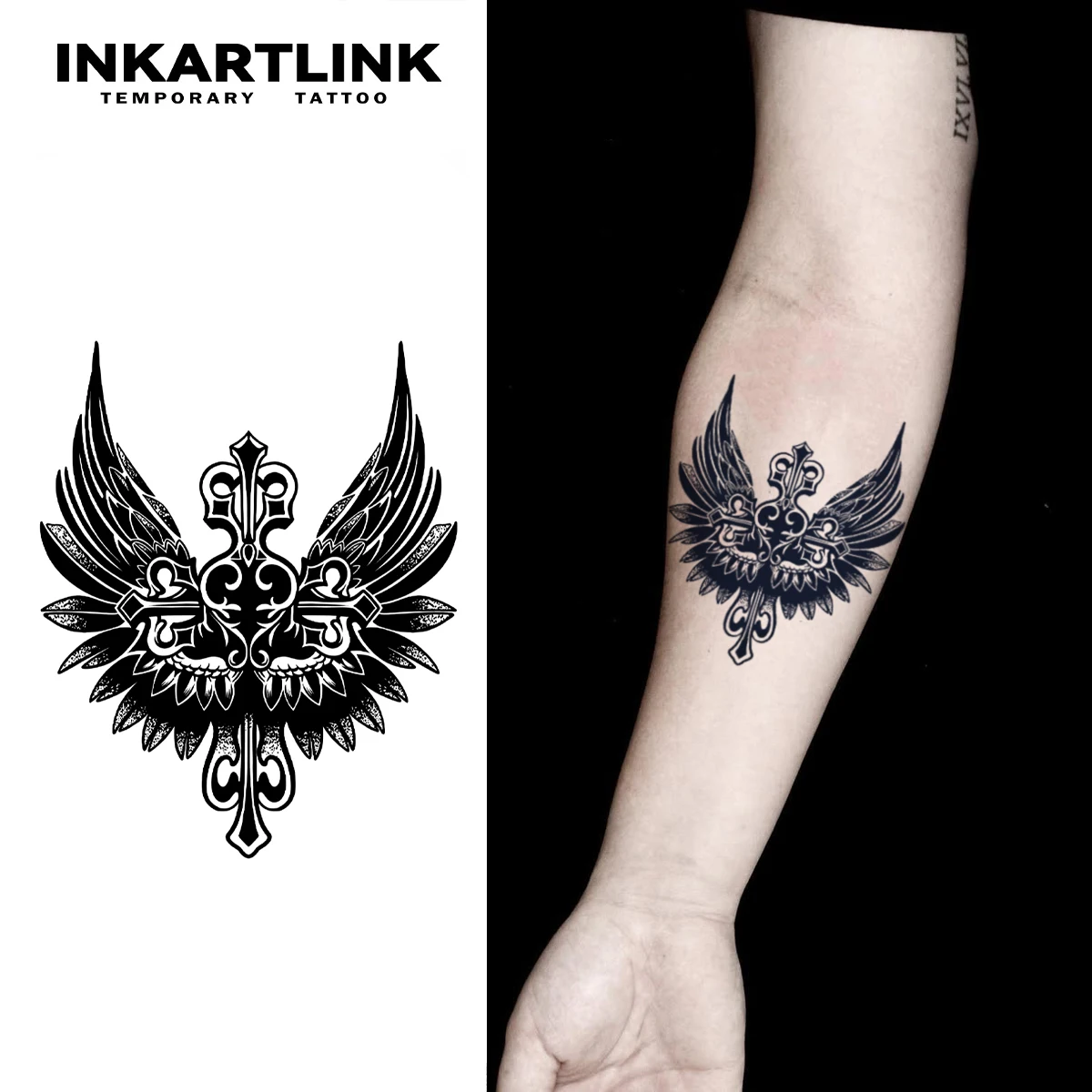 

INKARTLINK темный крест татуировки патч 1-2 недели долговечные крылья, острые зубы, завитые травы узор водостойкая временная татуировка