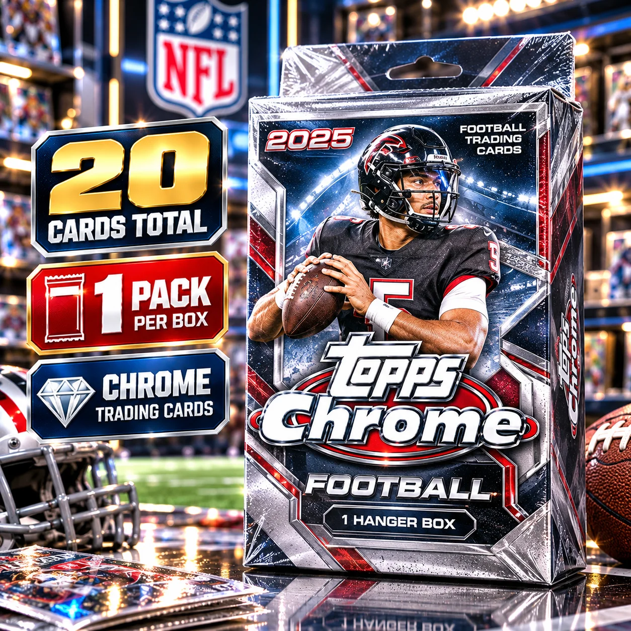 20 Cards 2025 Topps Chrome Football Hanger Box, Factory Sealed Football Trading Cards, 1 Pack with 20 Chrome Cards, Sports Card Collector Box for Pack Opening, Trading, Card Hunting, Set Building, Christmas Gifts & Holiday Collecting