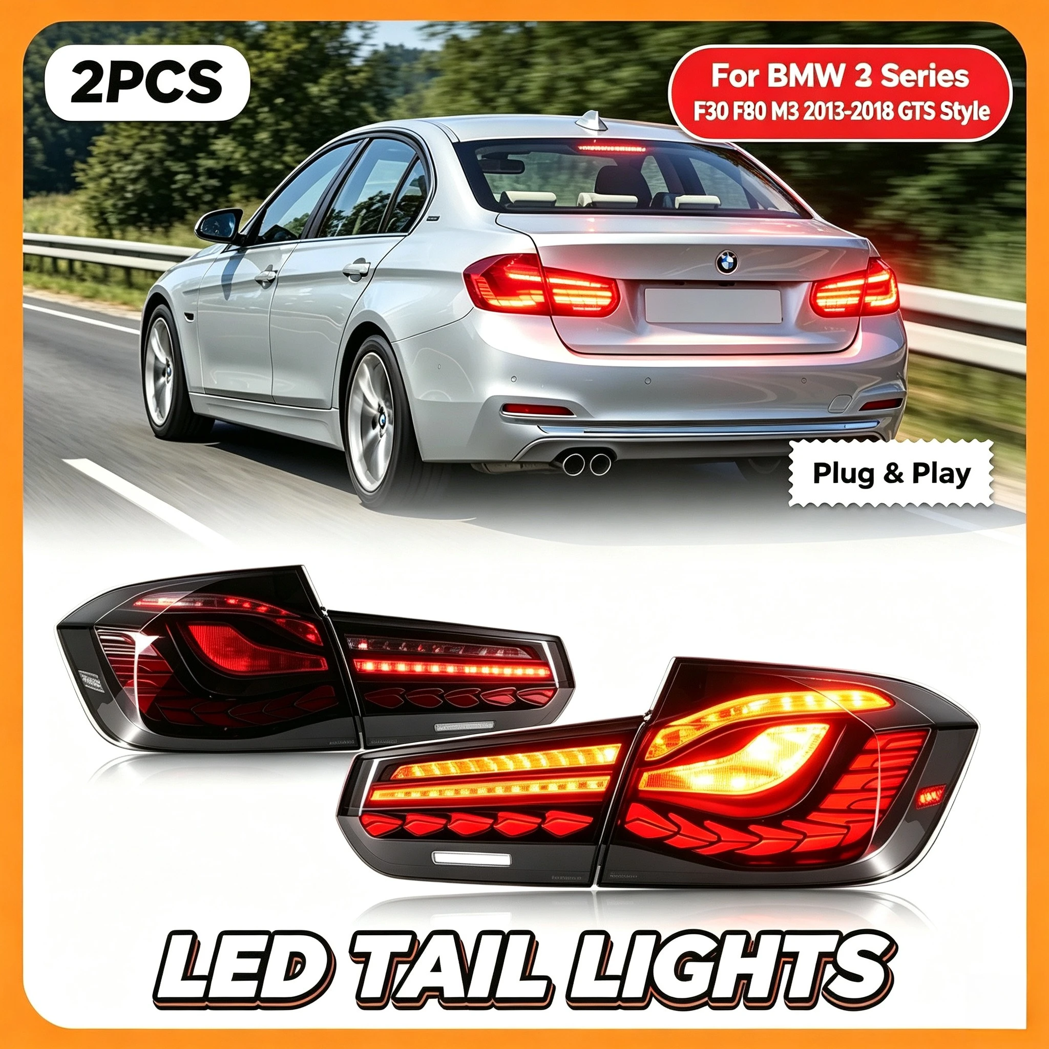 Image of Für BMW 3er F30 F80 M3 2013-2018 GTS-Style LED-Rückleuchten Rücklichteinheit Dynamischer Sequentieller Blinker