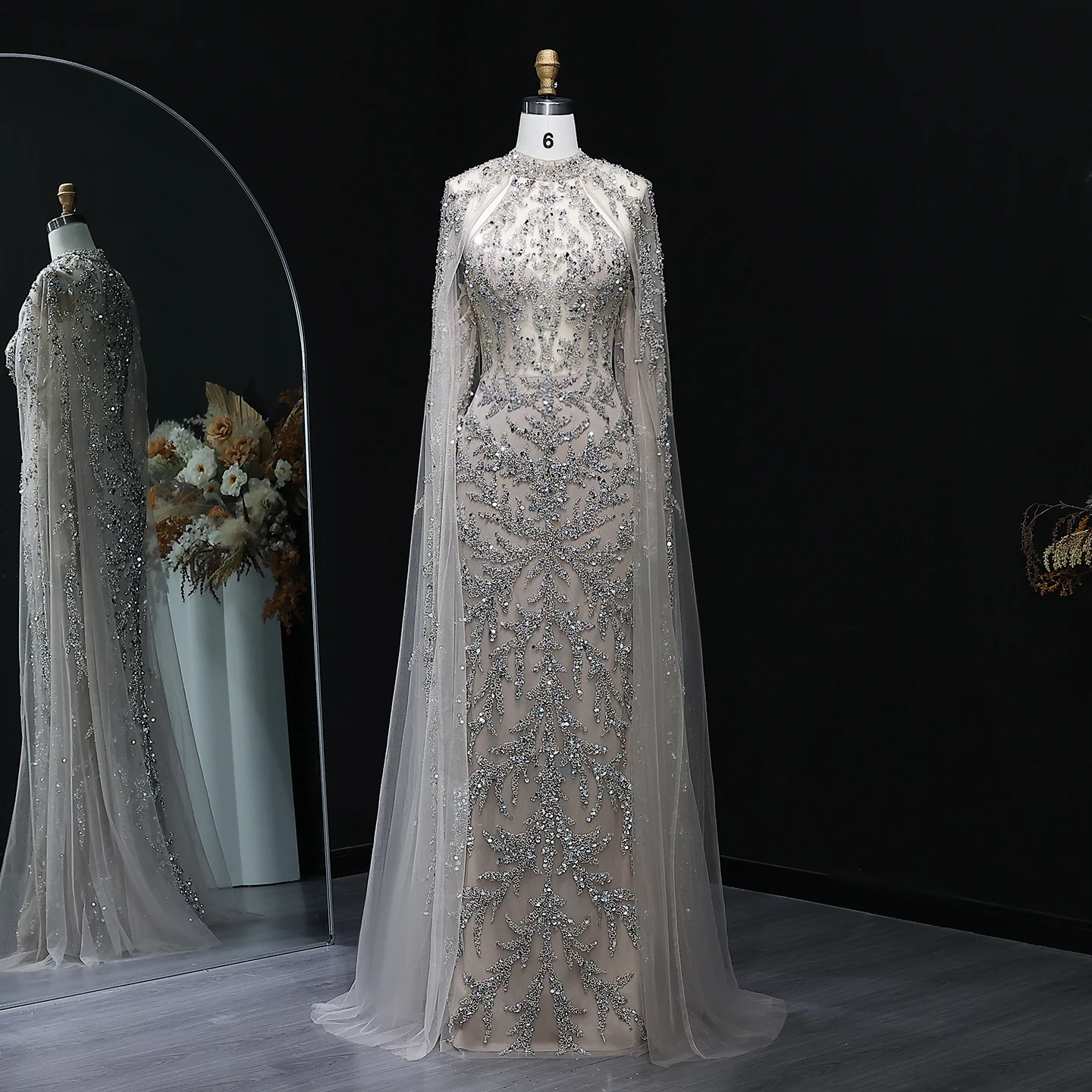 Sharon Said Elegantes Perlenbesetztes Champagner-Abendkleid mit Cape-Ärmeln, Türkis, Dubai, Damen-Hochzeitskleider, SS161, Maßanfertigung – Detail 5