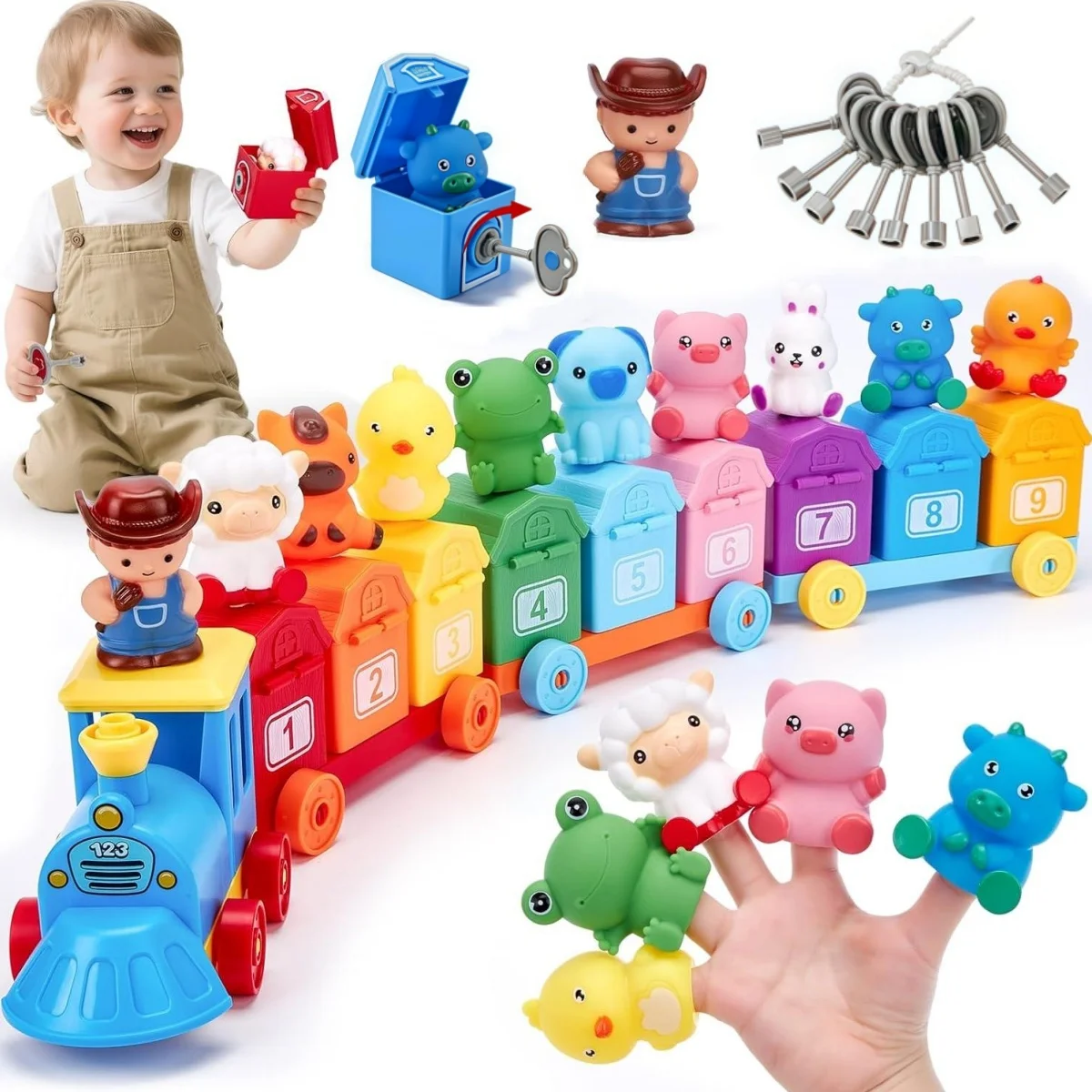 Giocattoli per l'apprendimento del bambino Set di treni per animali da fattoria con burattini da dito, giocattolo di abbinamento dei colori Sblocca i giocattoli di conteggio del gioco della motoria fine Barns