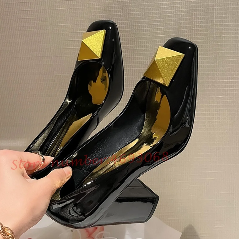 Metal Rivets Pink Women Pumps High Chunky Heels Dress Shoes Summer Square Toe Shiny Leather Pumps Fashion Office Ladies Pumps