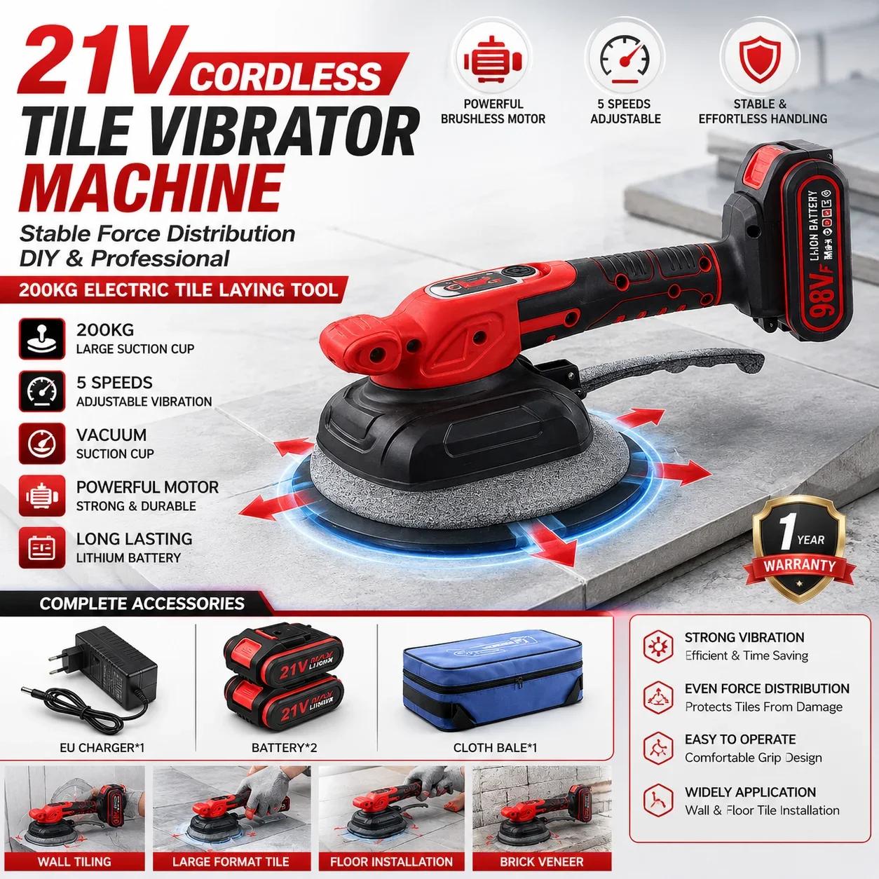 Vibrateur à carreaux sans fil 21 V, un outil puissant de 200 kg pour la pose de carreaux, doté de 5 vitesses de vibration réglables et d'une ventouse à aspiration ; convient à la pose de carreaux muraux et de sols ; idéal pour les projets professionnels et de bricolage.