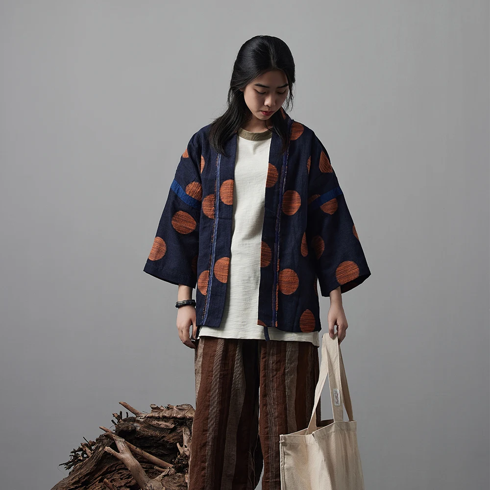 Japanese style Vintage kimono jacket Men's Orange Dots embroidery Indigo dye Unisex Jacket Casual Cardigan Coat