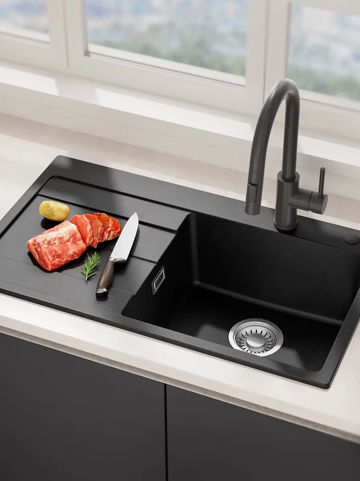 Küchenspüle Schwarz Quarzkomposit T4-Technologie Hitzebeständig Einbauspüle mit Abtropffläche 78x45cm Fleckabweisend Geruchsneutrales Siphon für Küchenrenovierung Hochwertiger Verbundwerkstoff