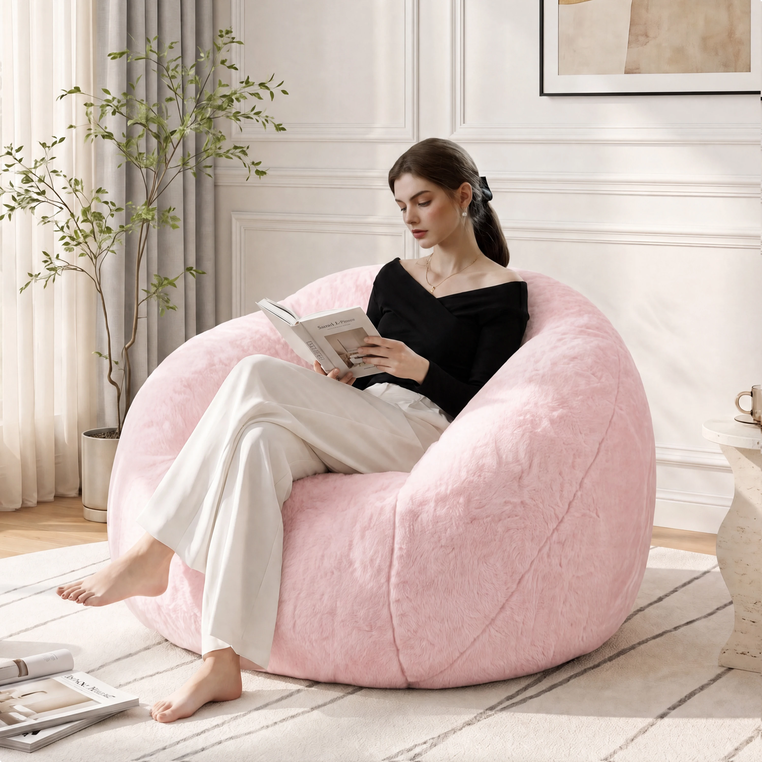 Bean Bag Chair Oversized Faux Rabbit Fur Bean Bag Sofa, Ergonomic Lounge Armchair with Portable Handle & Non-slip Base, High Density Shredded Foam Lazy Chair for Bedroom Living Room