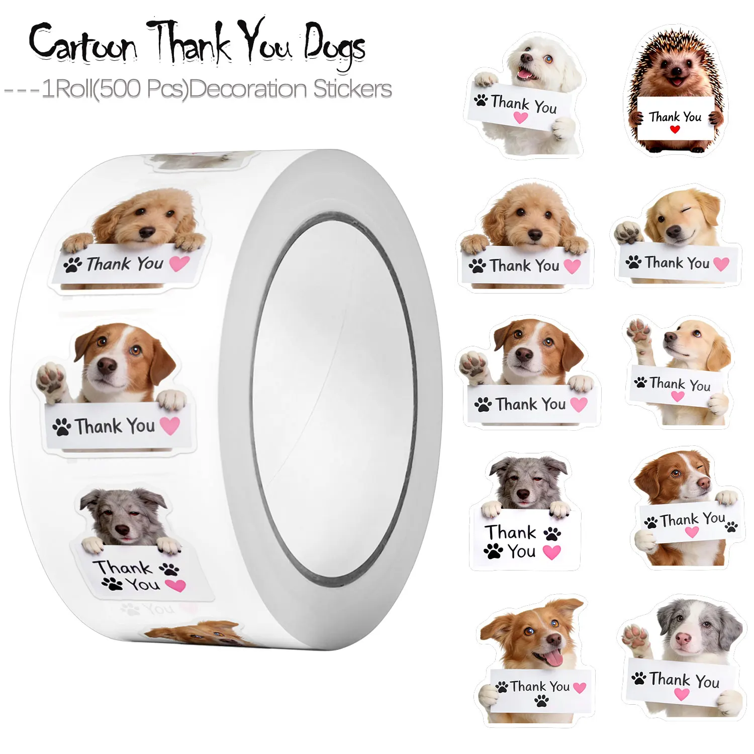 1 Rolle (500 Stück) unregelmäßige süße Hunde Danke Herz halten Zeichen Aufkleber 10 Designs Abziehbilder Kunst schmücken Geschenkverpackung Versorgung