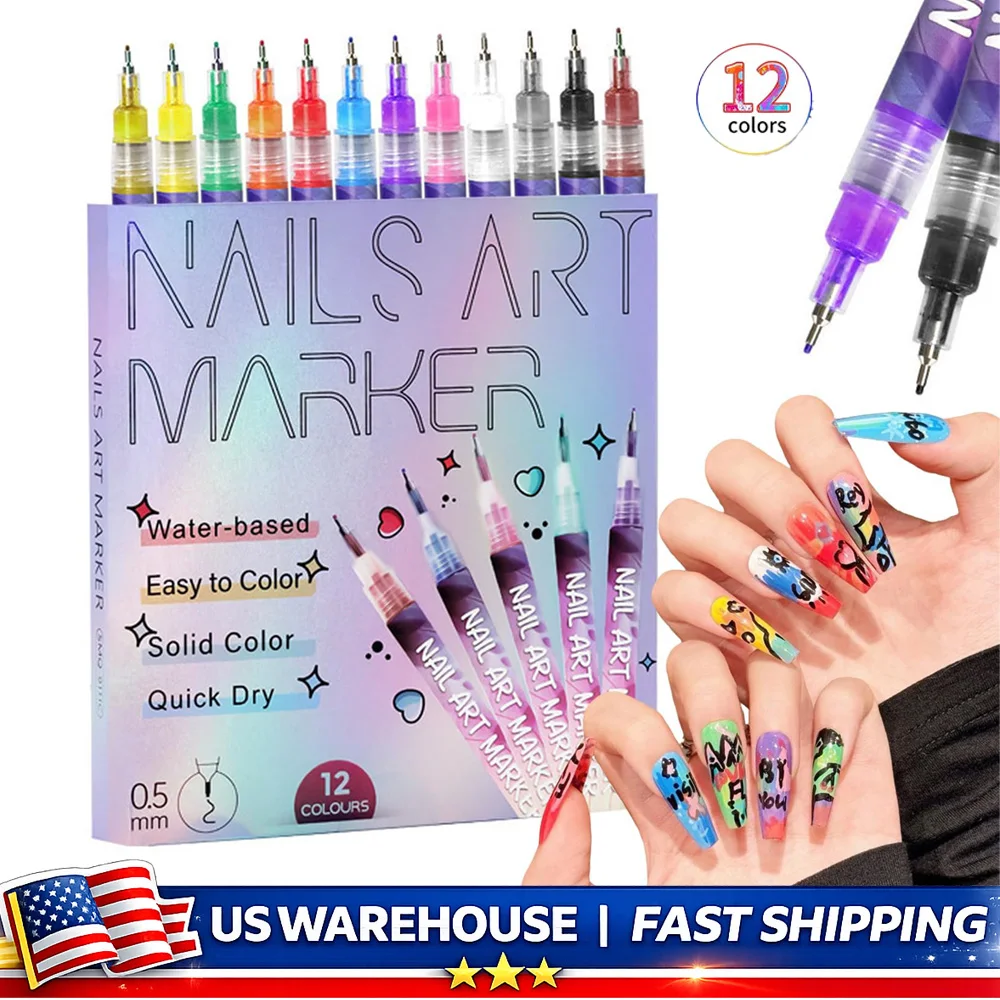 12 Colors Nail Art Pens Set Nail Art Markers Doodle Pen for Kids Adults Nail Art Tools for Polishing Dotting Painting Liner DIY