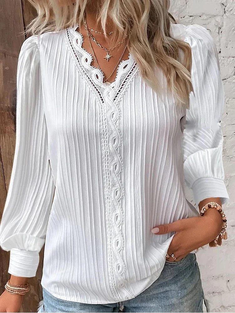 Camisa elegante de encaje calado con diseño de telas combinadas para mujer, camisa elegante de manga larga con cuello en V, Tops regulares básicos