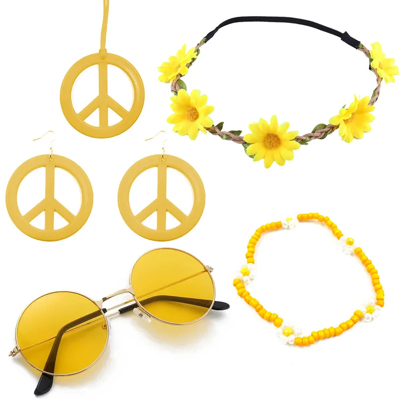 Hippie Costume Set,6 Pieces 60s 70s Hippie Hippy Dressing Accessory Hippie Party Supplies Fancy Dress Hippie Glasses Peace Sign