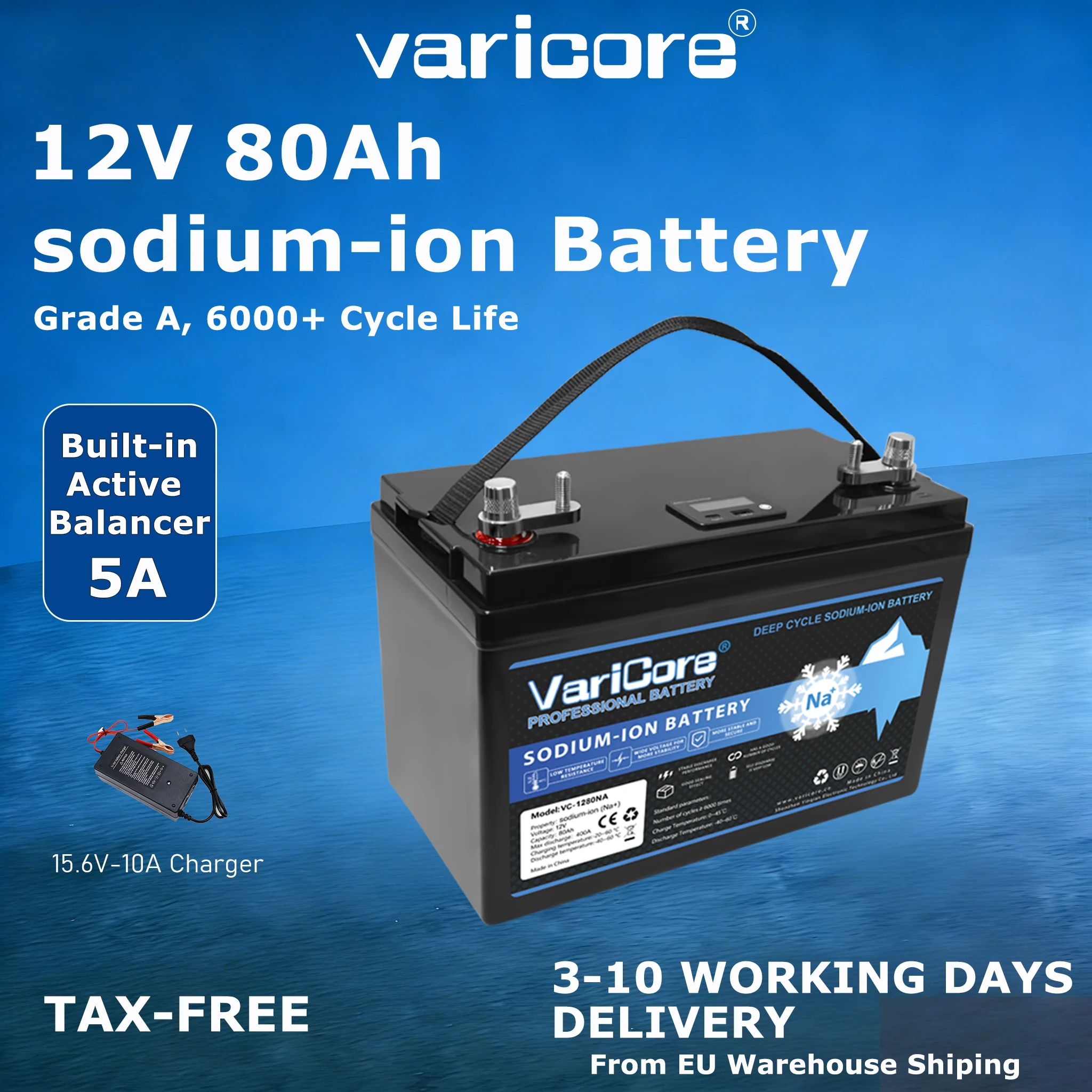 Batterie au sodium-ion Varicore 12V/15.6V 80Ah résistante aux basses températures pour voiture électrique, chariot de golf, système solaire hors réseau