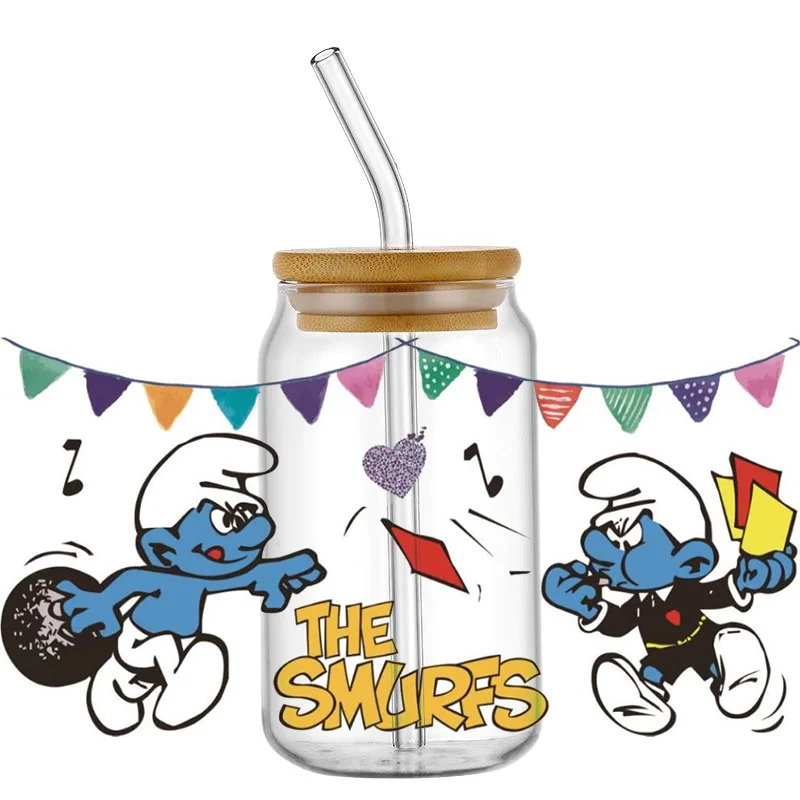 Miniso Cartoon The Smurfs Pattern UV DTF Transfer Sticker Waterproof Transfers Decals For 16oz Glass Cup Wrap Stickers