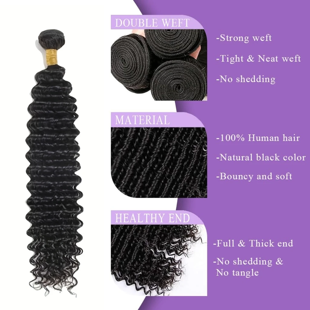 100% 인모 1 3 묶음 천연 블랙 딥 웨이브 인모 헤어 익스텐션 여성용 100% 고품질 인모 헤어 익스텐션