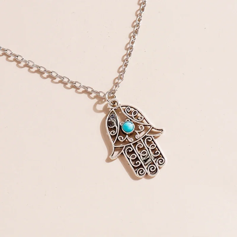 Vintage Hamsa Fatima ręczny wisiorek z kamienia naturalnego naszyjnik oko proroka dla kobiet mężczyzn Unisex Hollow kreatywny obojczyka Choker biżuteria — zdjęcie 2
