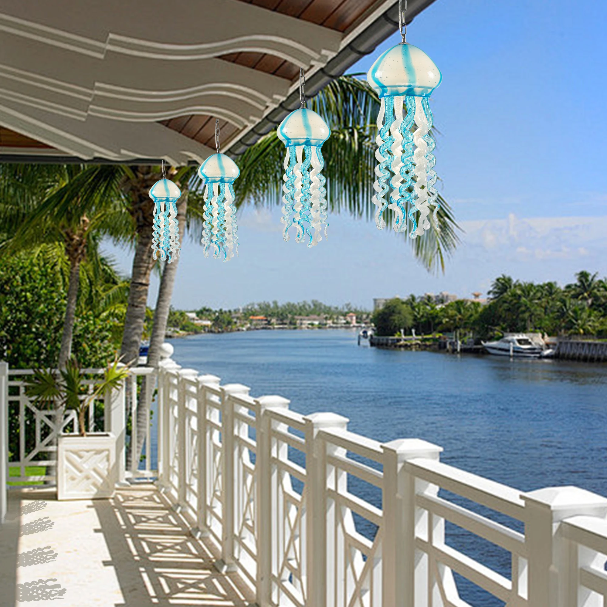 LONGREE Murano Glass Jellyfish Chandeliers Art Decor Sky Blue Jellyfish Lights for Home Restaurant Dining Room