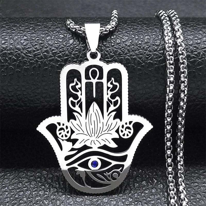 Hamsa Hand Ankh Lotus Naszyjnik dla kobiet Mężczyźni Stal nierdzewna Kolor srebrny Egipt Oko Horusa Naszyjniki Biżuteria N8075S02 — zdjęcie 2