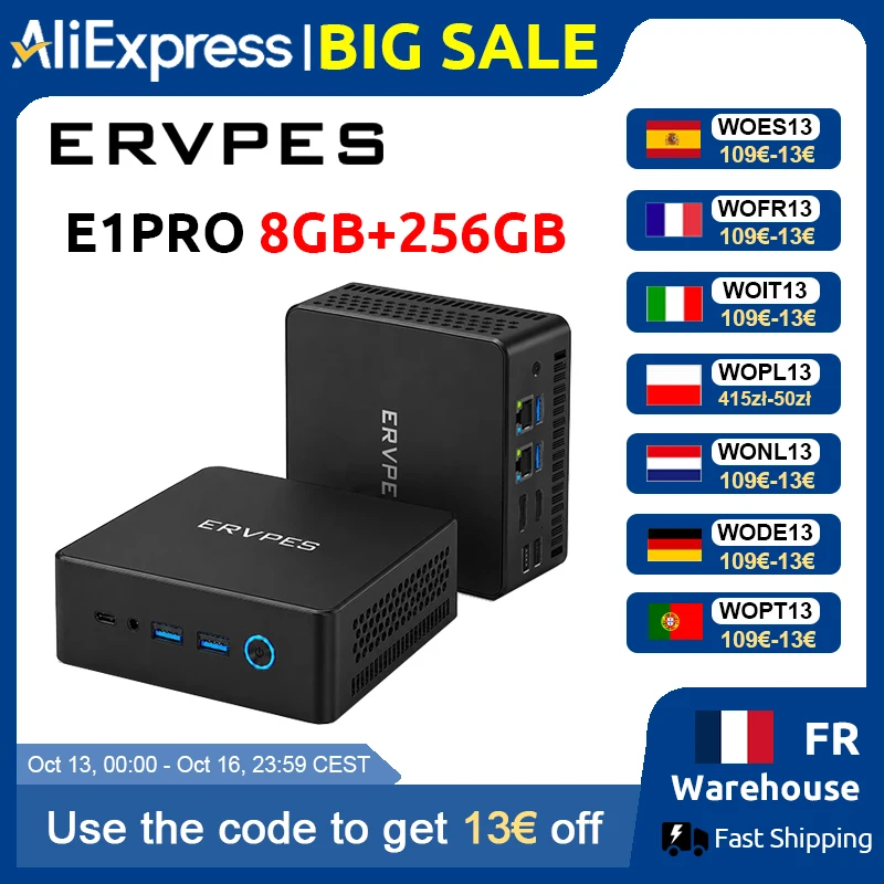 ERVPES E1PRO Mini-PC 8GB LPDDR4 256GB SSD Intel N4505 Windows 11 Pro Dual-Band WLAN BT5.0 Büro-Desktop Mini-Computer