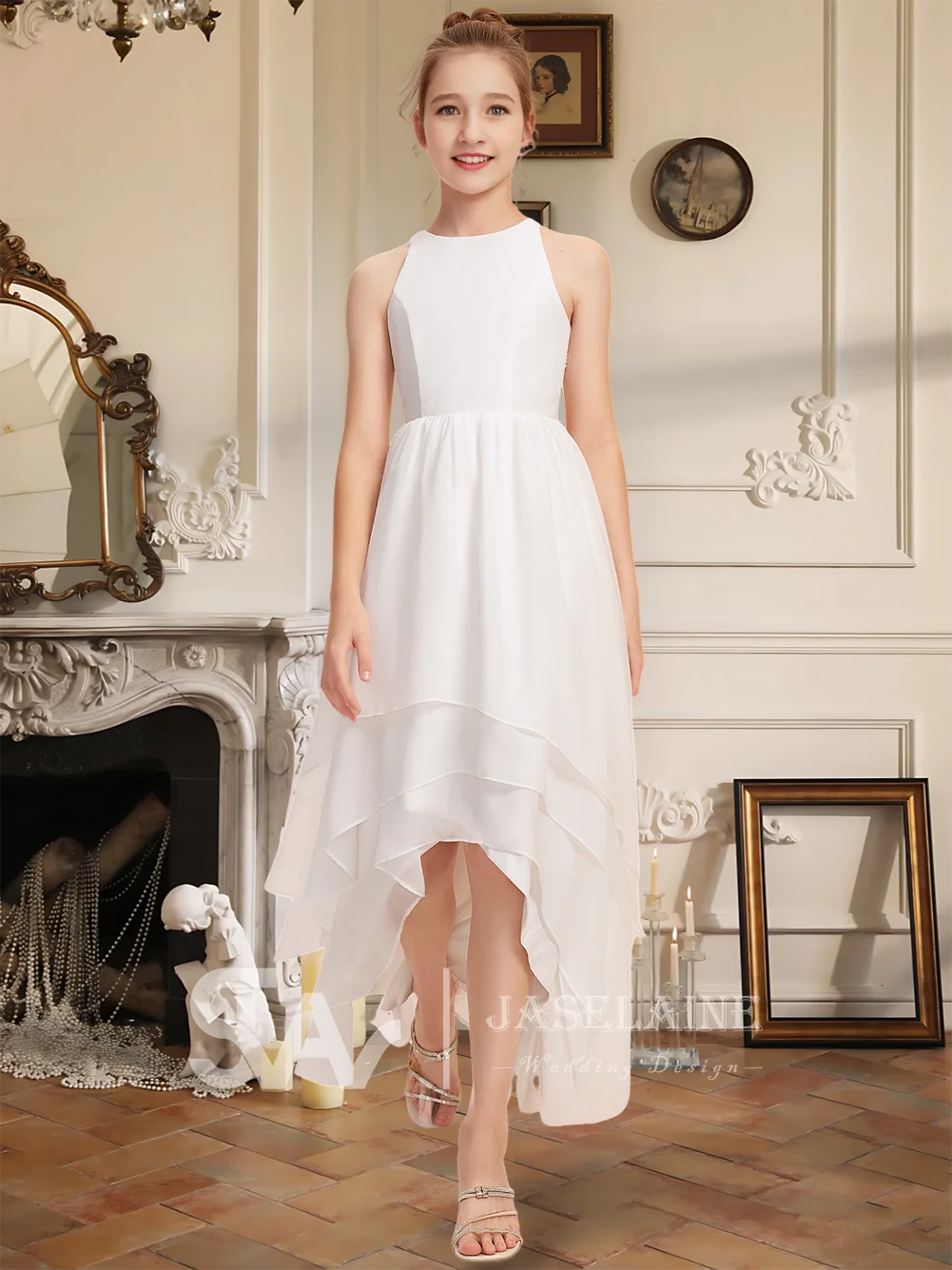 エレガントな A ライン スクープ 非対称シフォン ジュニア ブライズメイド ドレス フラワー ガール ドレス ガールズ パーティー 結婚式 フォーマル オケージョン キッズ