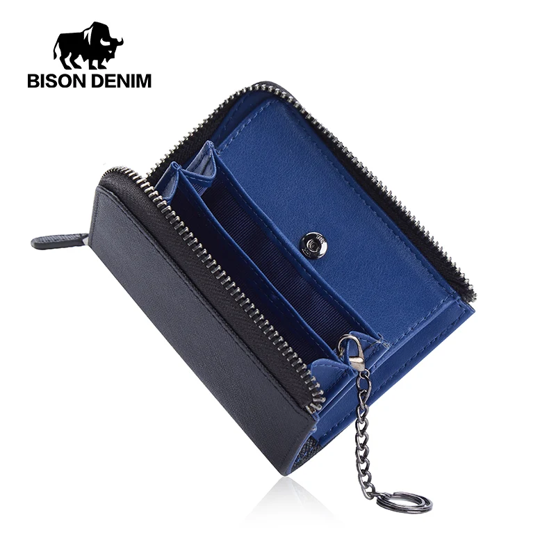 BISON DENIM Genuine Leather Men Women Wallet Card Holder Small Coin Pocket Vintage Purse Wallets With Chain Zipper