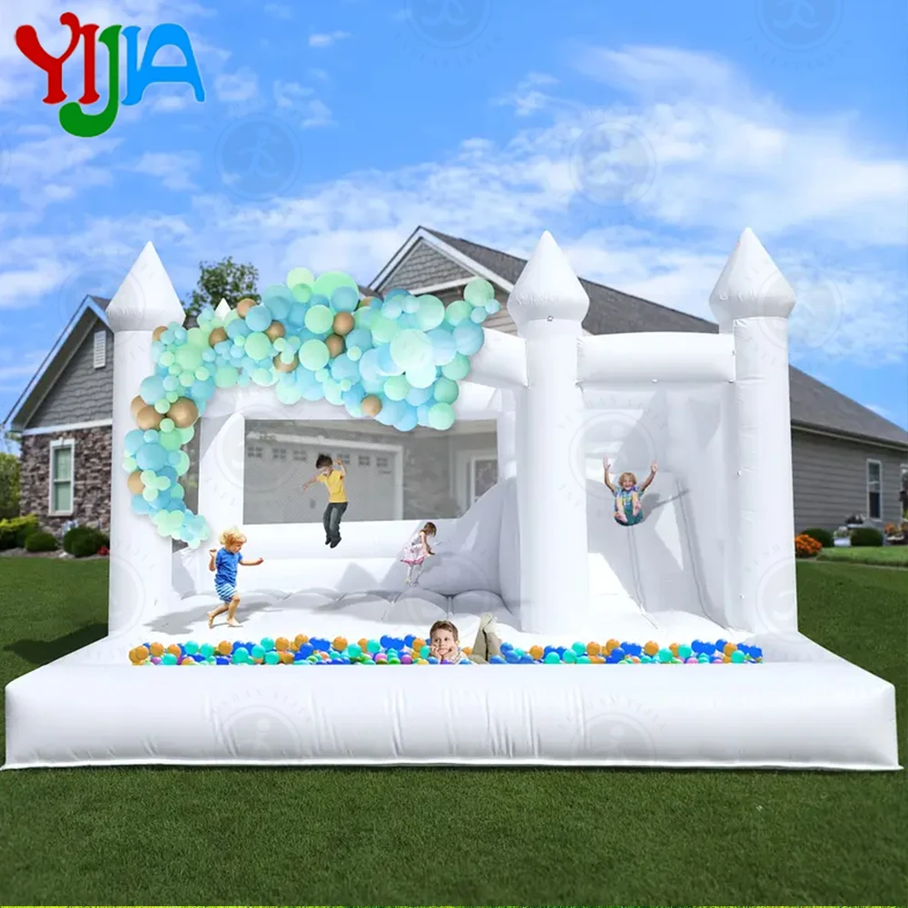 

Сверхмощный замок из ПВХ, 15 футов, белый Bounce House Castle со скользями и ямой для мячей, большой джемпер, надувной надувной замок для дня рождения