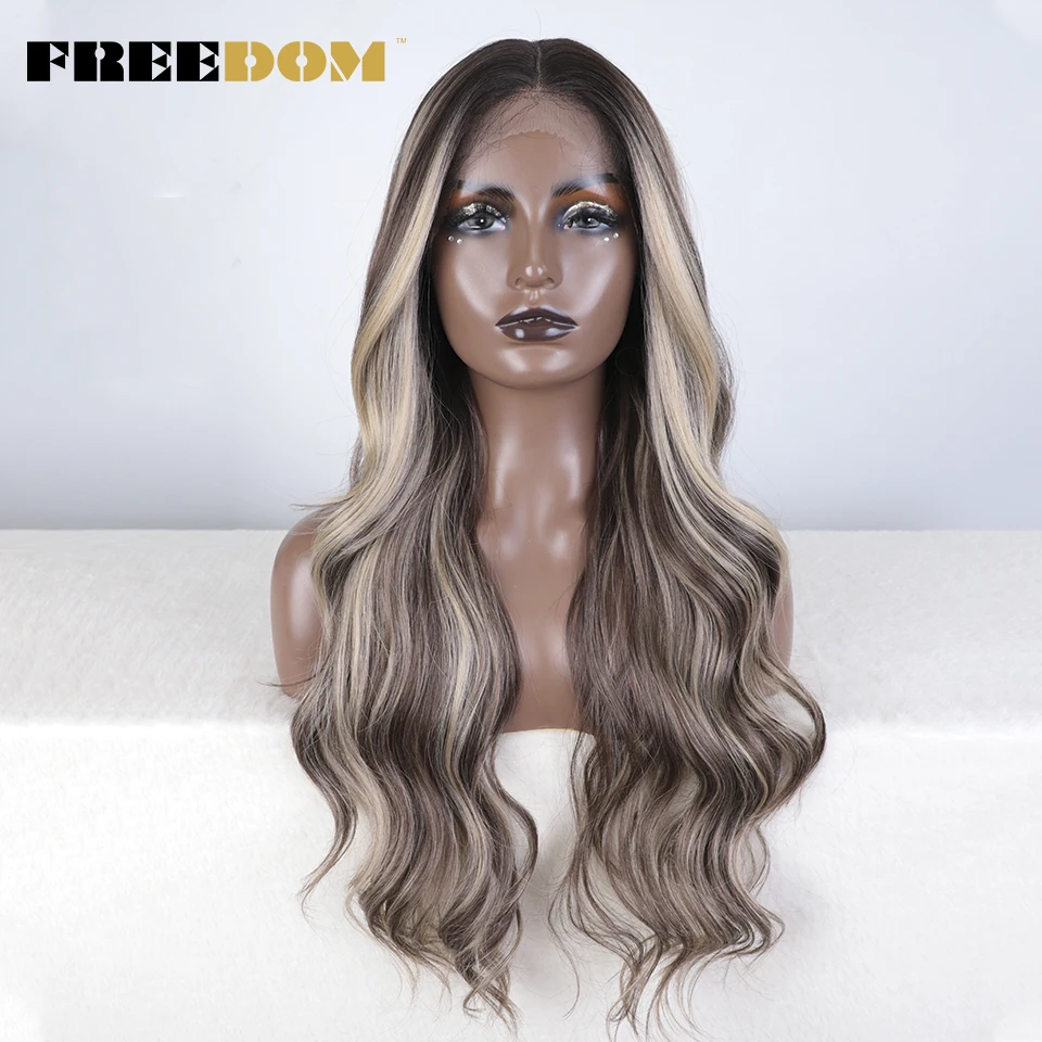 LIBERDADE-perucas sintéticas frente do laço para mulheres, cabelo longo ondulado do corpo, marrom, ombre, loiro, resistente ao calor, cosplay