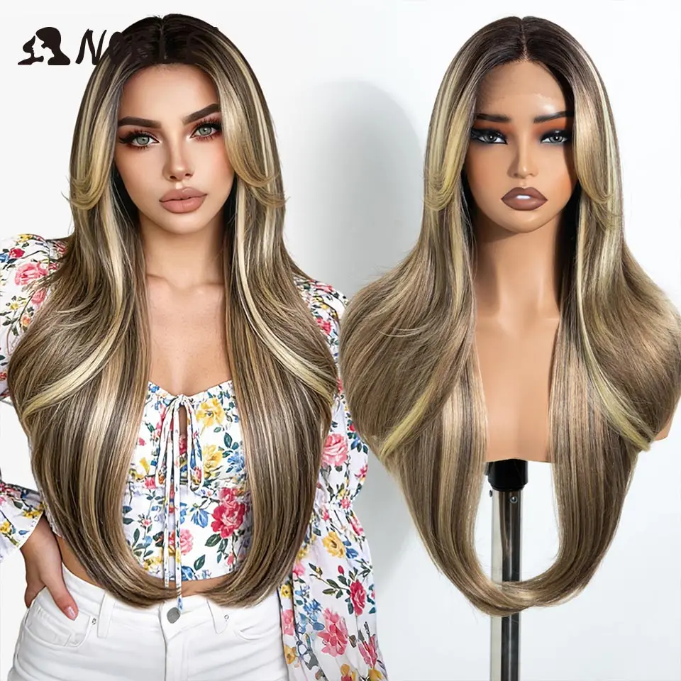 perruque-lace-front-synthetique-noble-de-26-pouces-ombree-brun-blond-meches-sans-colle-lisse-degradee-pour-femme