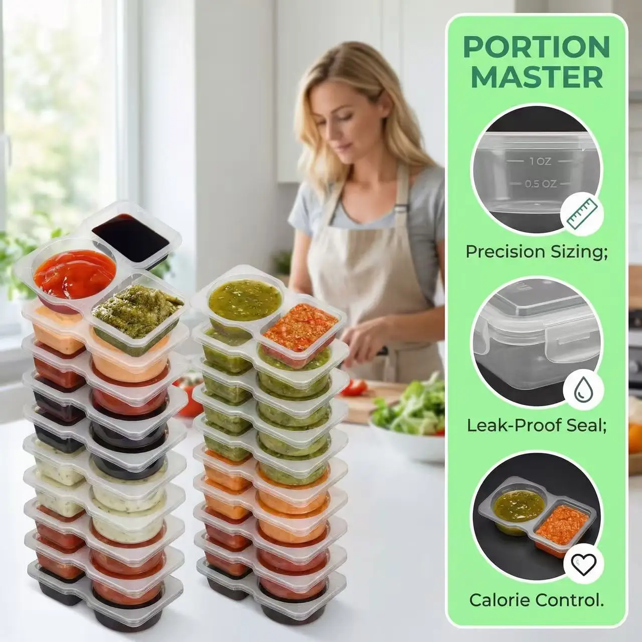 Dual Compartment Sauce Containers with Lids, Stackable Reusable Condiment Cups for Dips, Sauces & Meal Prep