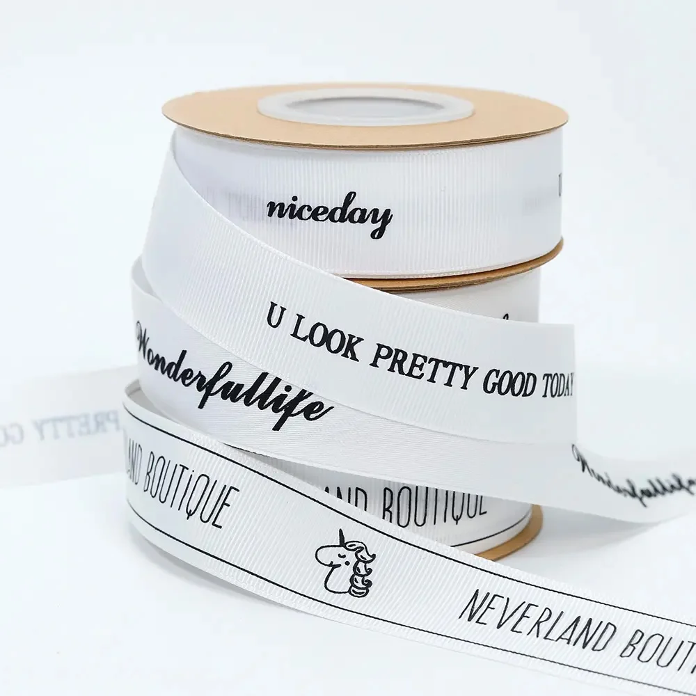 wonderful Quality Customized personalized 3D embossed black branded black single face satin ribbon with company logo printed 5.0