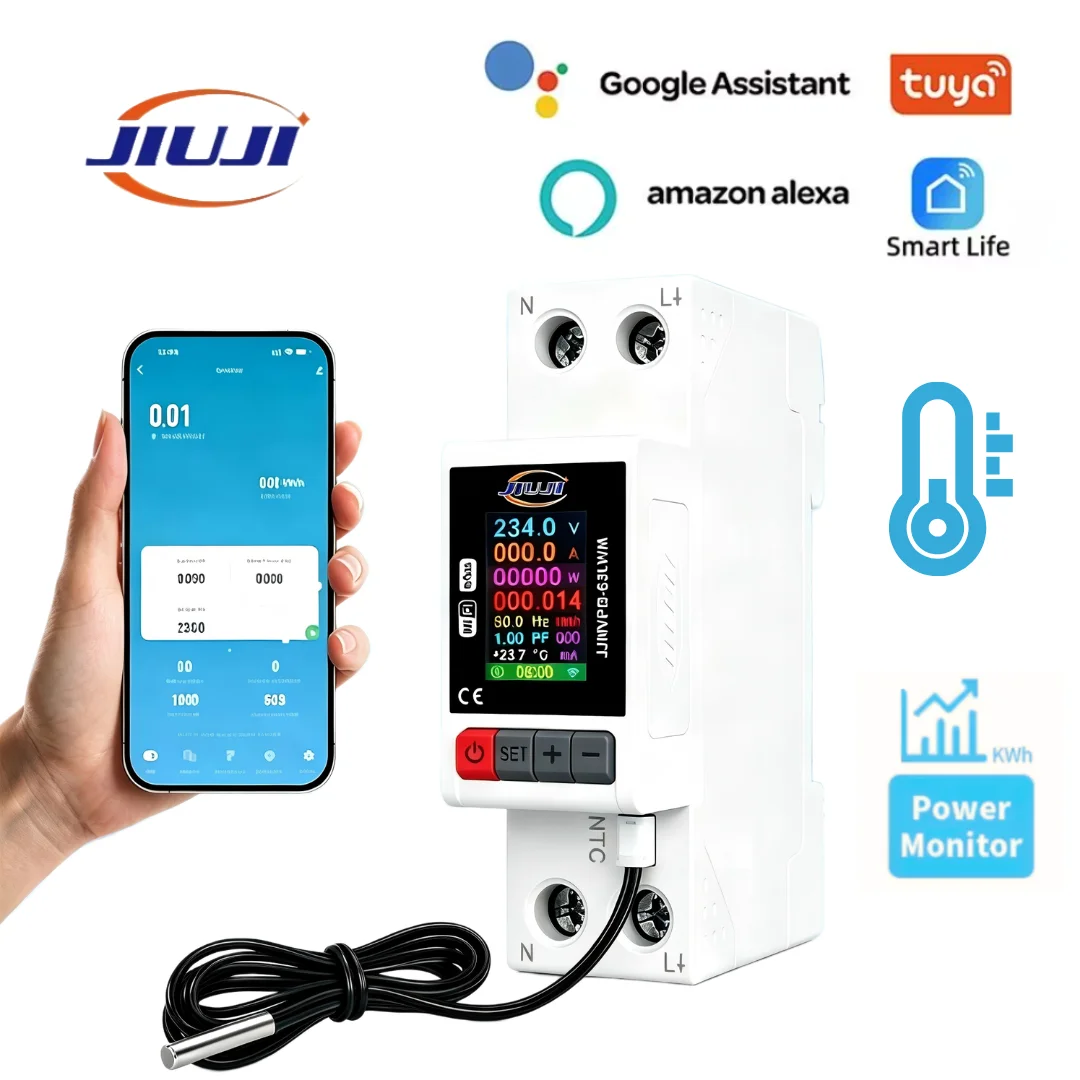 JIUJI JJMVPD-63LWM DIN Rail Tuya Smart Circuit Breaker LCD Power Meter kWh Monitor Timer Relay Remote Control Smart Life App