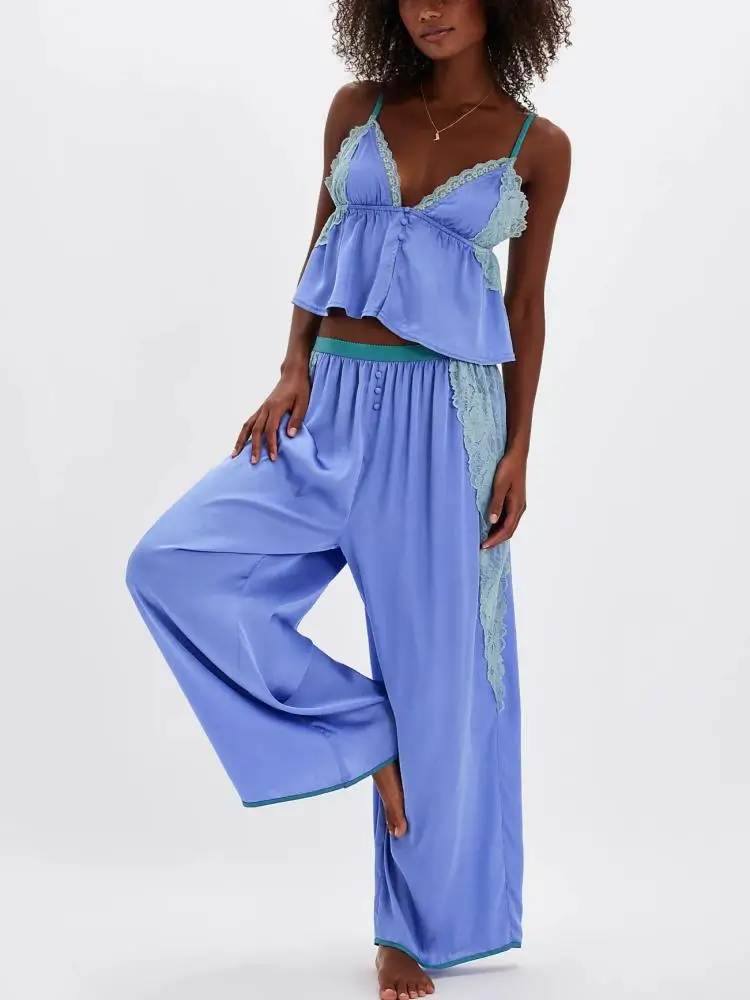 

Women's Solid Satin Pajama Set V-Neck Lace Cami Top Elastic Waistband Lace Trim Pants Women's Sleepwear Loungewear