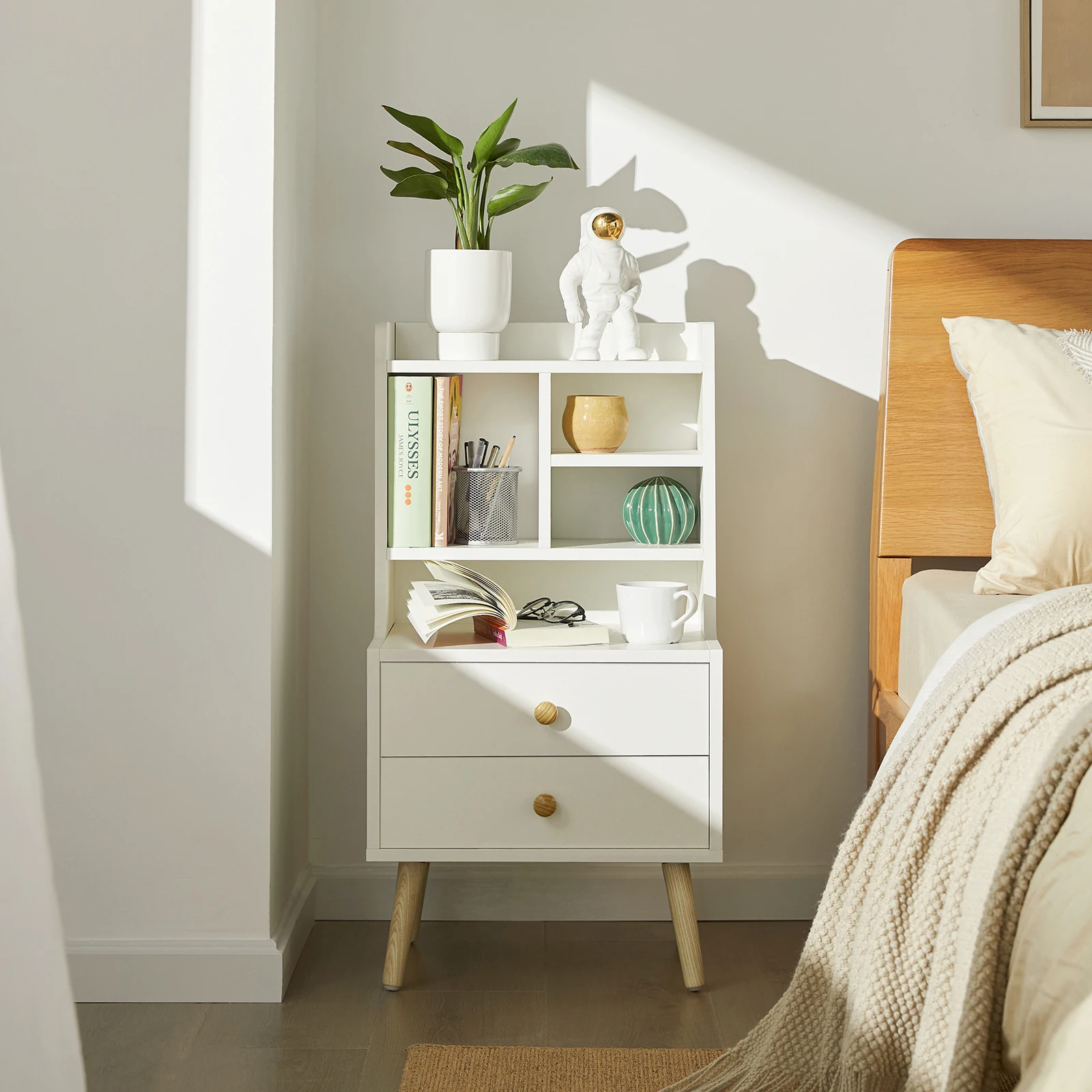 SoBuy FBT100-W Mesita de noche con 2 cajones y compartimentos abiertos, mesa auxiliar para sofá, mesa para teléfono, mueble nocturno, cómoda
