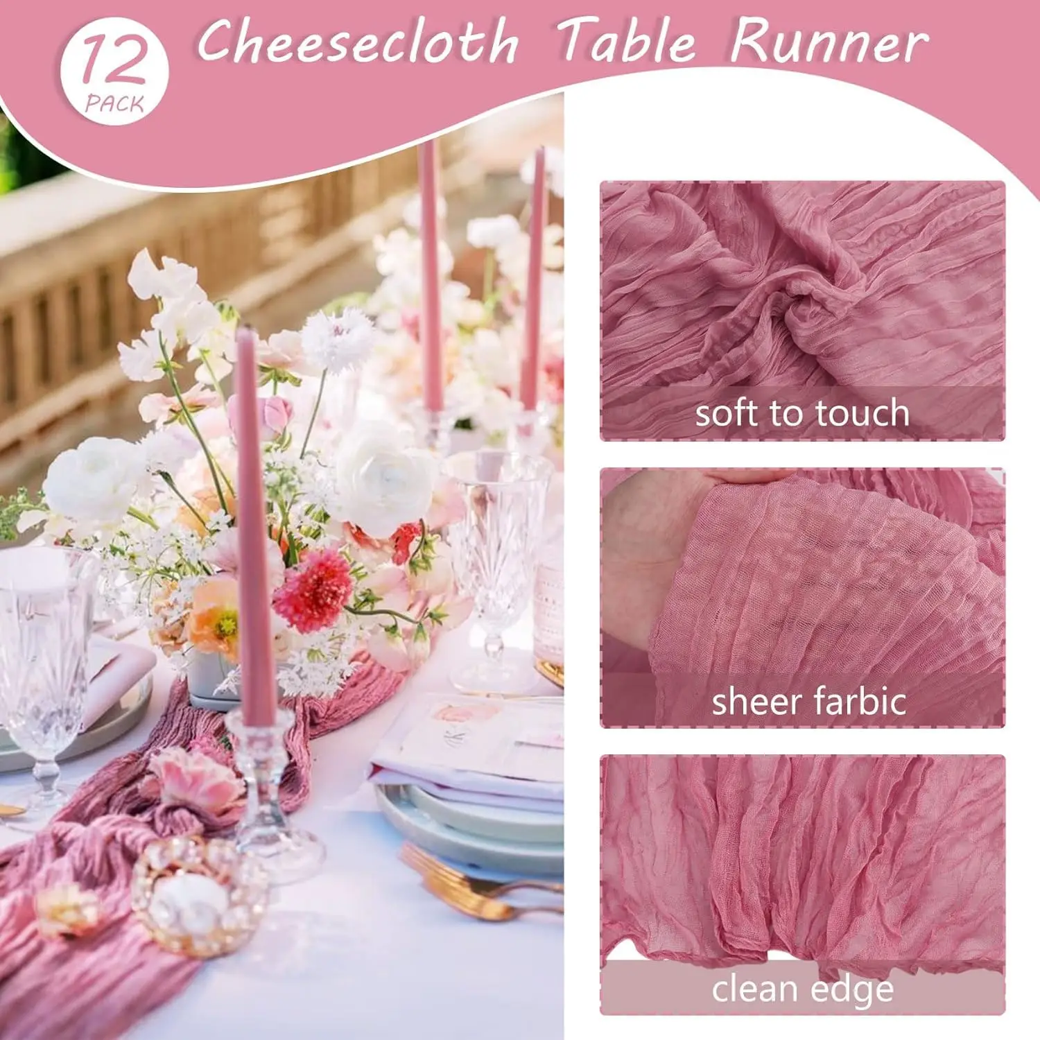 Set of 12 90x300cm Semi-Sheer Gauze Table Runner Cheesecloth Sage Green Dining Wedding Party Christmas Banquets Arches Decor