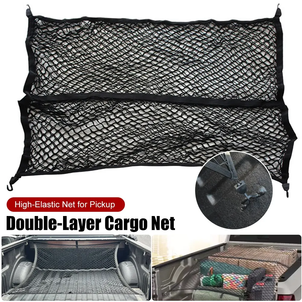 High Elastic Cargo Net for Pickup Truck Bed 4'x4' Stretch to 7'x7' Double Layer Bungee Net Mesh for Ford F150 SVT Raptor Tundra