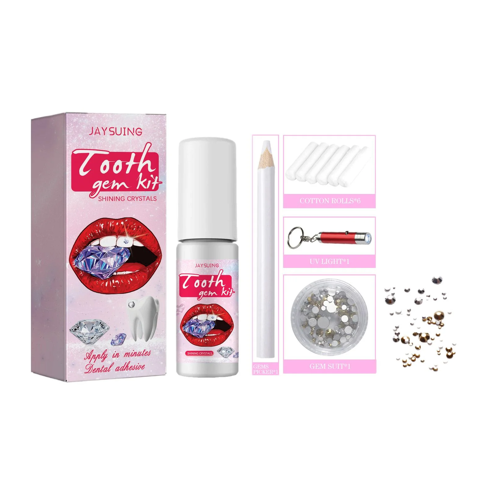 Kit Permata Gigi Multi Bagian Perhiasan Gigi Aplikasi Mudah Penghilang Aman Kuat Tahan Lama Tanpa Istirahat Set Gigi Berkilau Tahan Lama