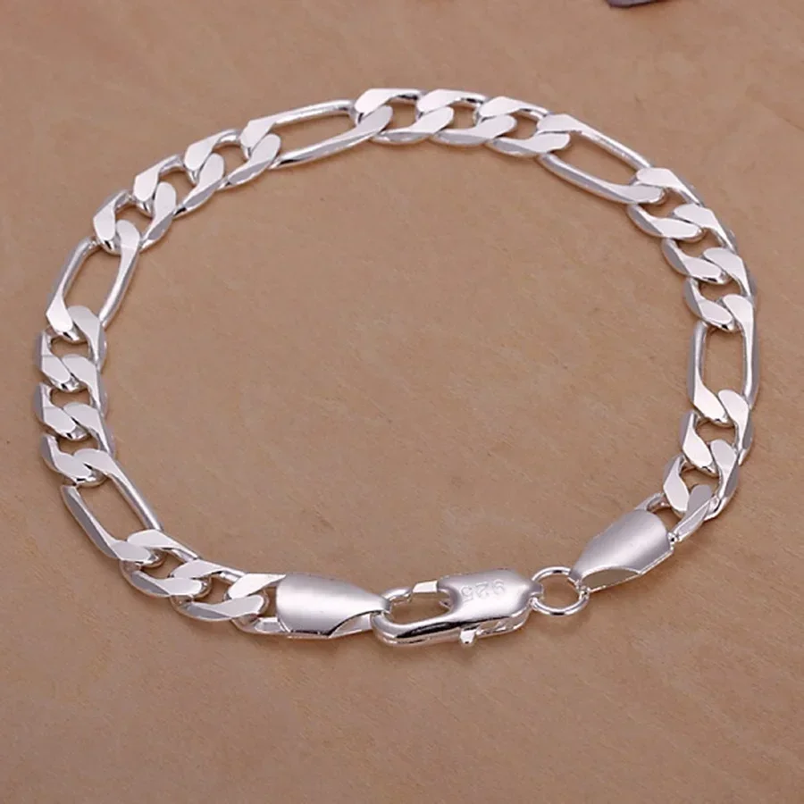 Bracelets fins en argent Sterling 925, 6-8mm, chaîne pour femmes et hommes, mode de mariage, bijoux en argent de qualité supérieure, Figaro 20cm
