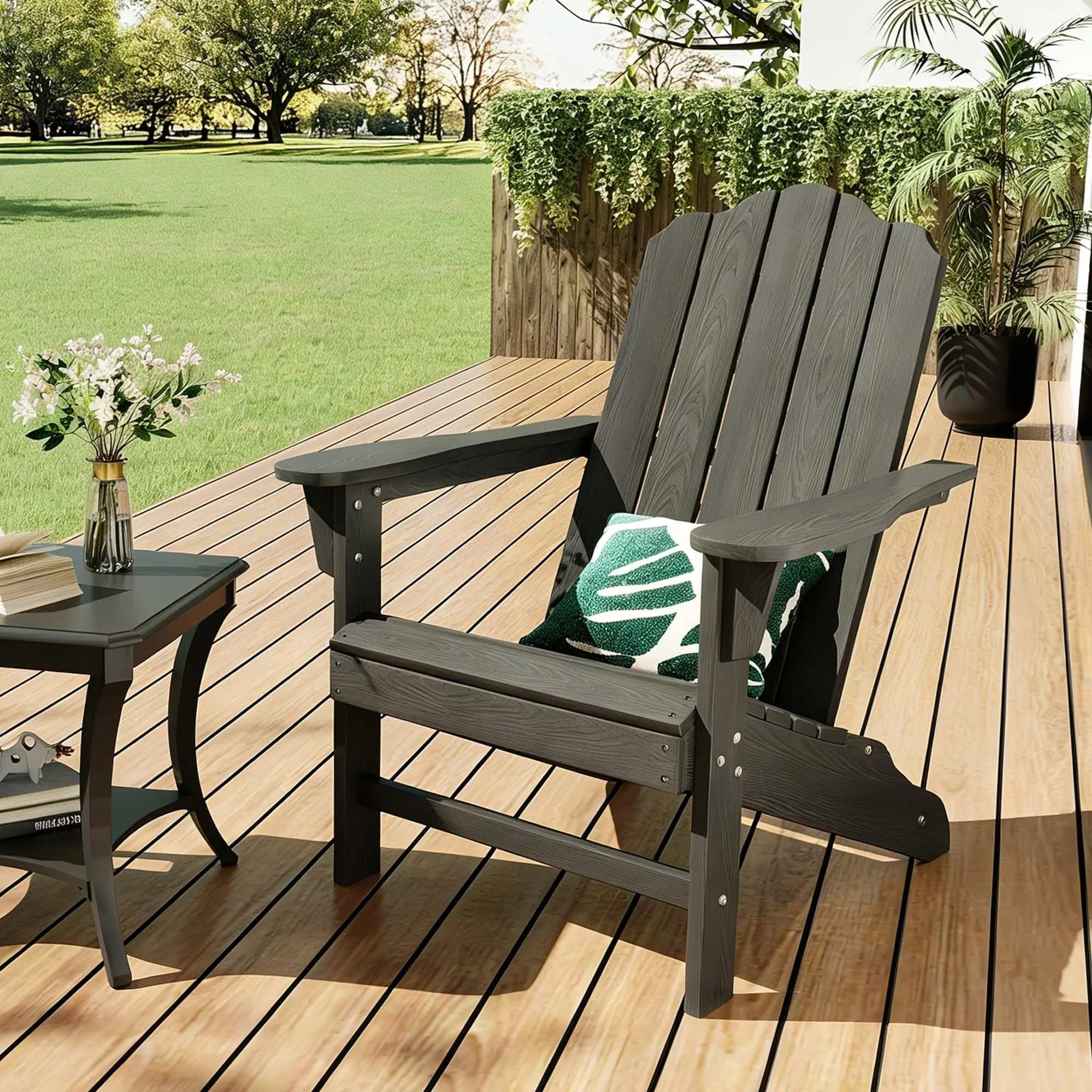 Chaise de terrasse Adirondack robuste en HDPE, aspect bois, pour extérieur, jardin, patio, cour, piscine, chaise individuelle noire (1 chaise/carton)