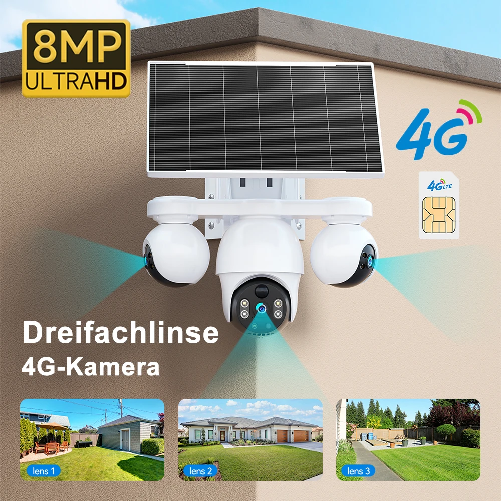 V380 Pro 4G Off-Grid Solar Dreifach-Objektiv 8MP PTZ-Kamera mit automatischer Verfolgung, IP66 wetterfest, Zwei-Wege-Audio, Outdoor-Überwachungskamera