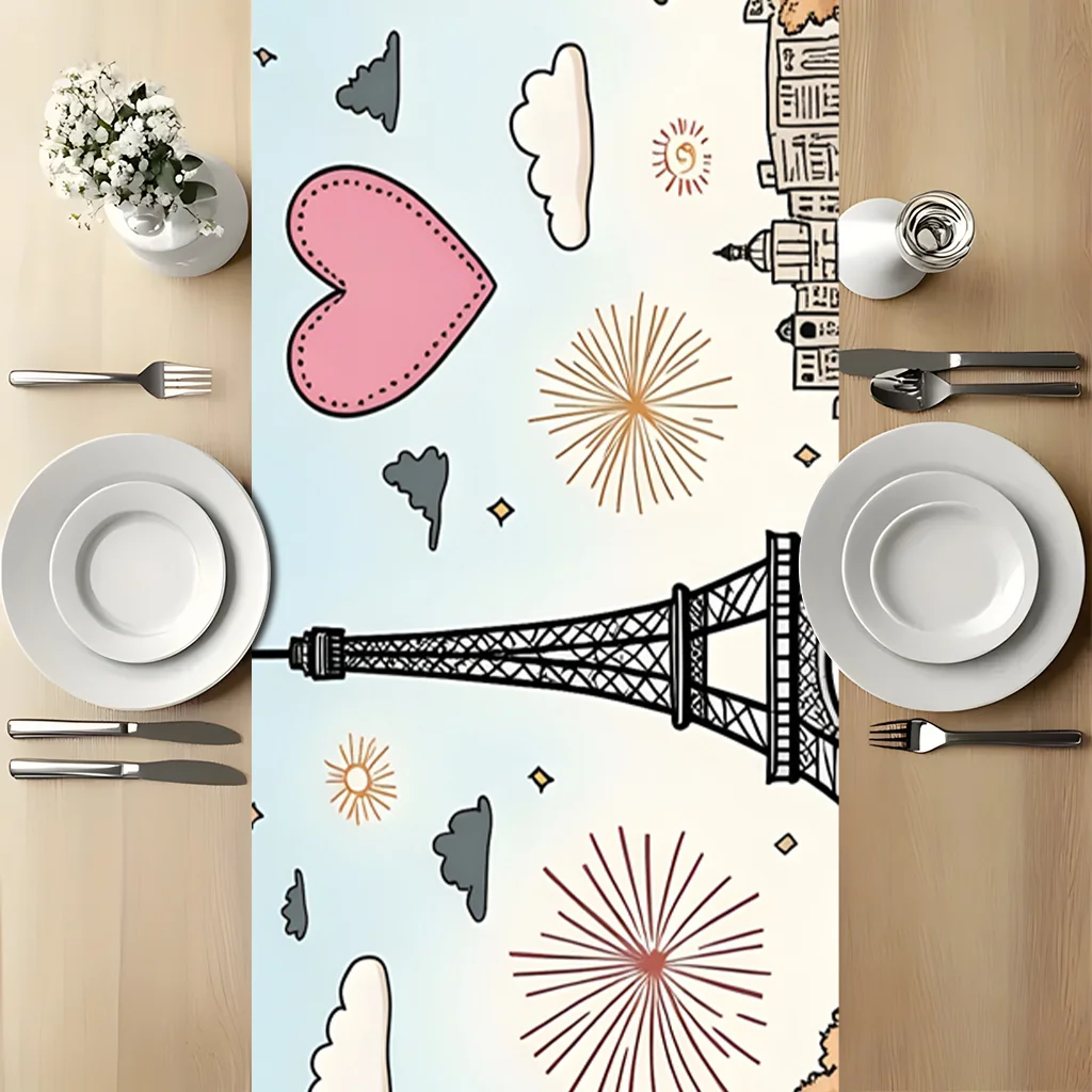 

Paris Eiffel Tower Love Table Runner Single Sided 2D Print Romantic Table Decor Durable Fabric Kitchen Dining Room Charming Gift