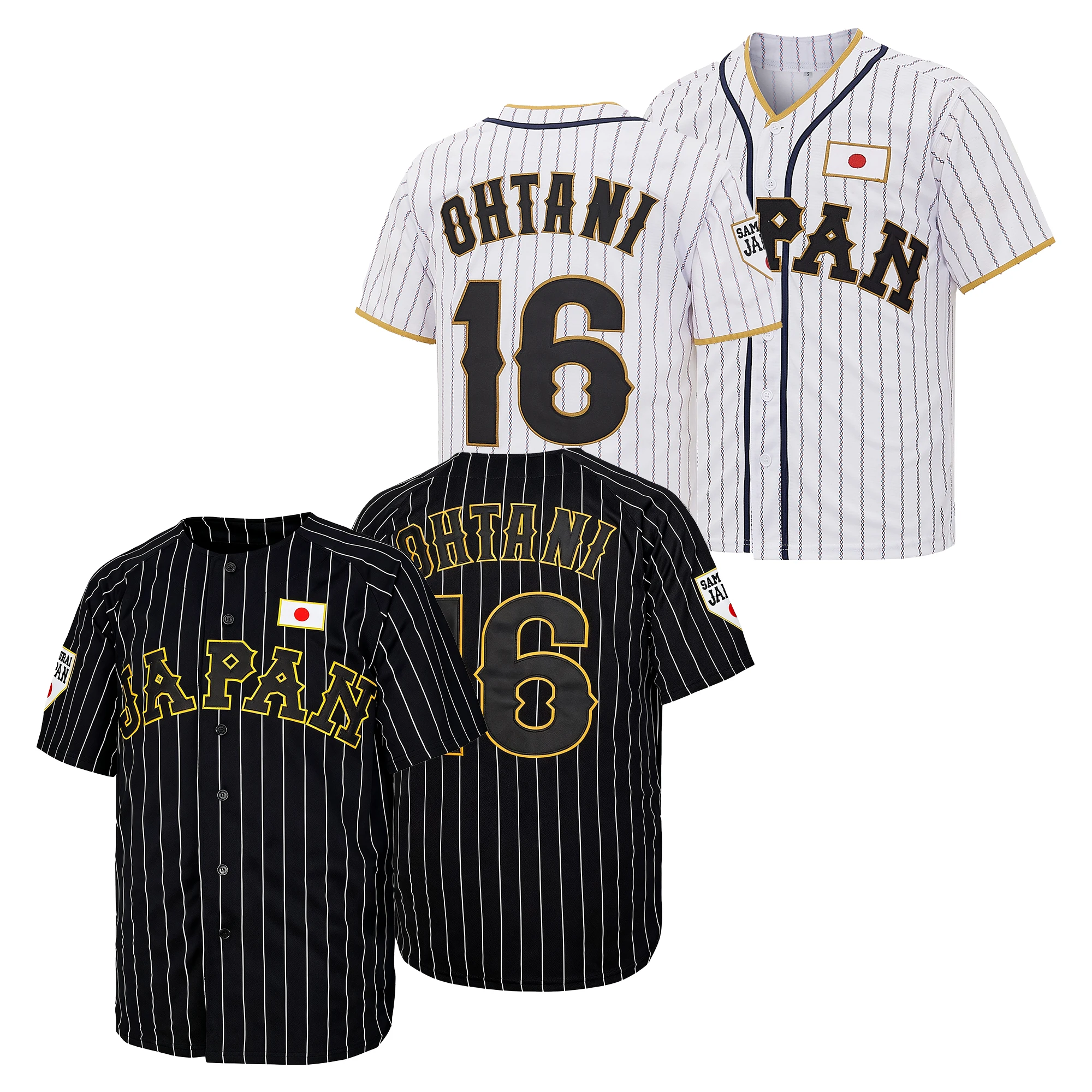 Men’s #16 Japan Samurai White Striped、Black Striped Ohtani Baseball Jersey, Letter Embroidery Competition Training Baseball Apparel, Fan Gif