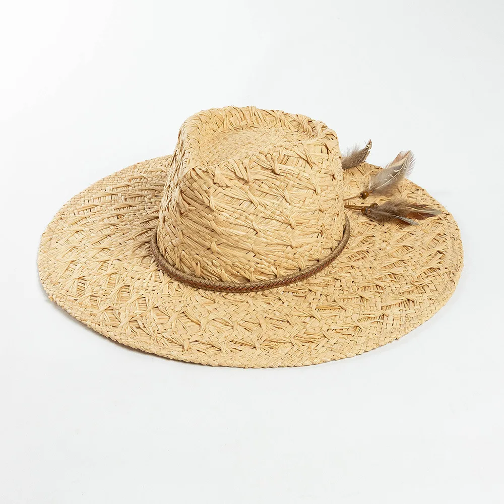 Wide Brim Straw Hat for Women Sun Hat Feather Rope Decoration Beach Hats Handmade Ladies Summer UV Hats Travel Outdoor Party Hat