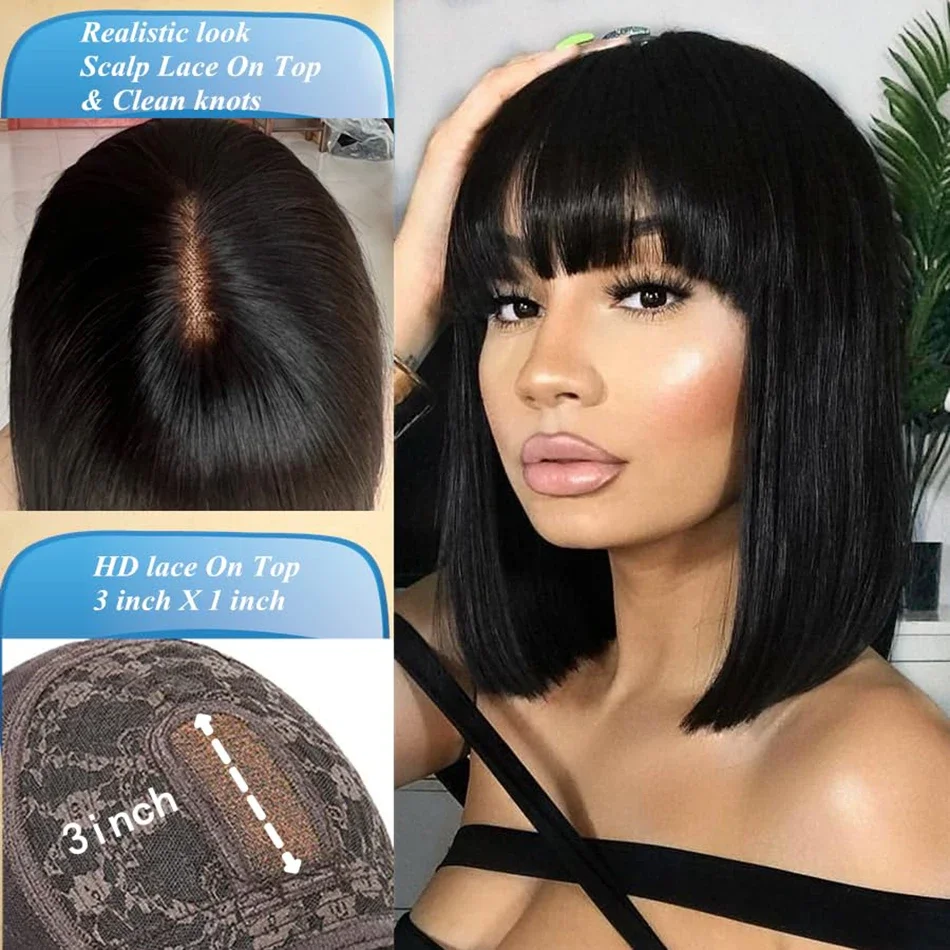 3X1 Middle Part Lace Wig Glueless Human Hair Wigs with Bangs Ready To Wear And Go Straight Wig Machine Made Wigs for Women