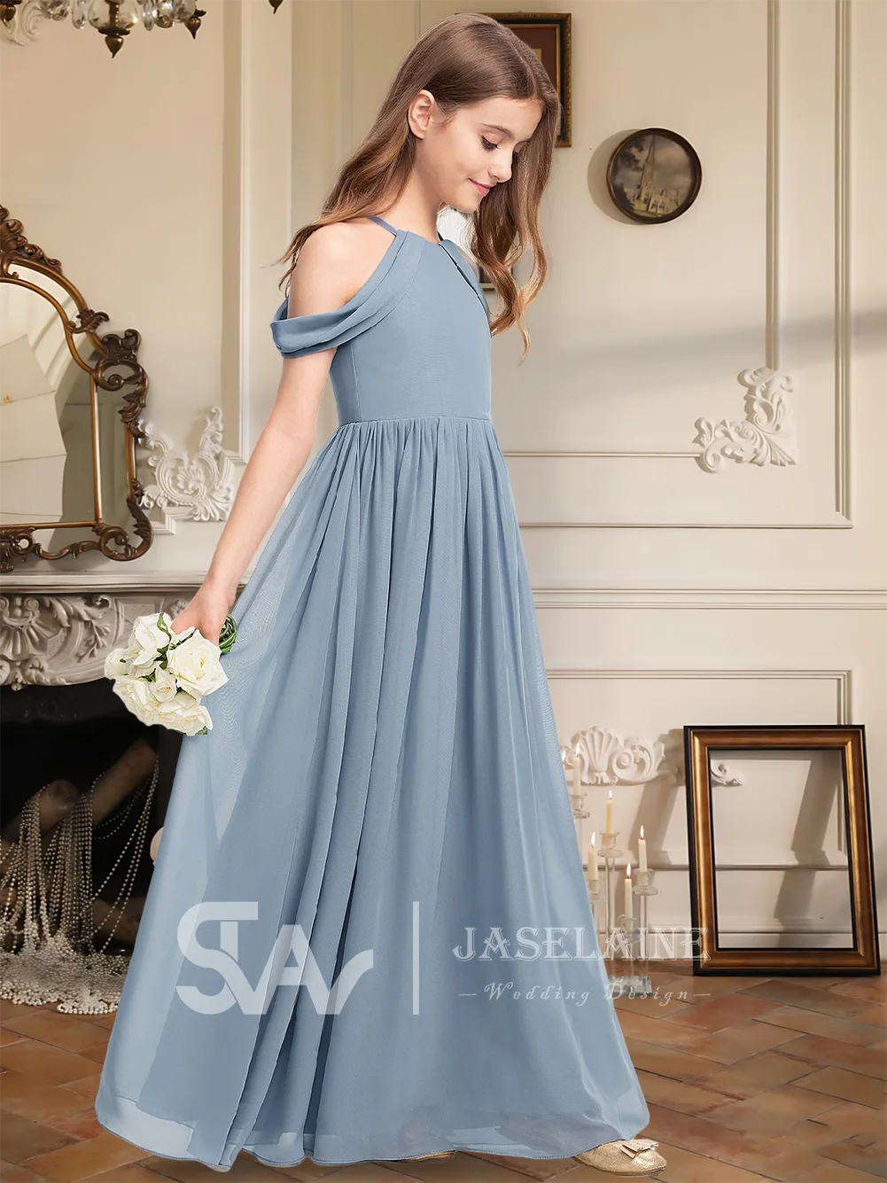 Элегантное платье подружки невесты из шифона с лямкой на шее длиной до пола, платье с цветочным узором для девочек, трапециевидное платье на тонких бретельках, официальное платье для девочек с открытыми плечами