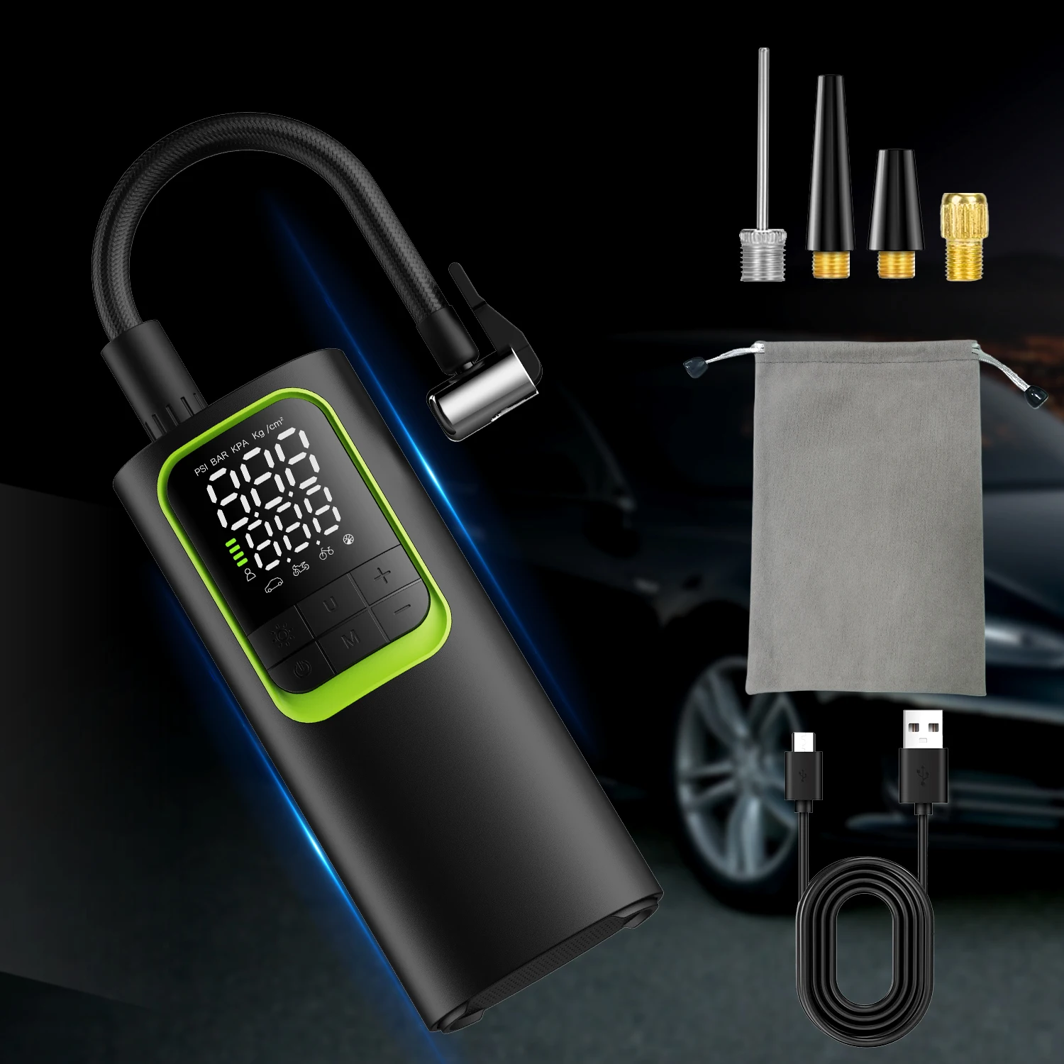 

Wireless tire air pump 150 PSI Portable Diaital display powerful inflator Tire inflator Preset Pressure Quickly inflaté USBTypec