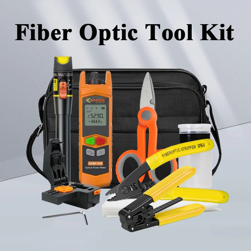 

Fiber Optic Tool Kit with -70~+6dBm Optical Power Meter 10MW Visual Fault Locator Fiber Cleaver Tool Bag