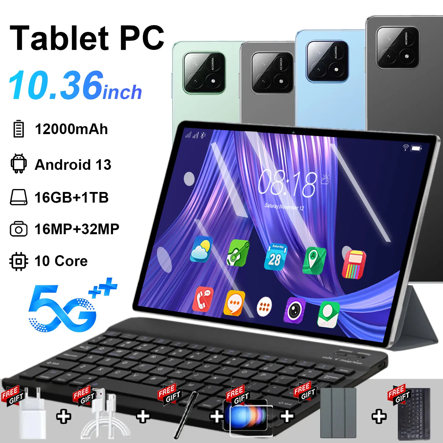 Tablette tactile intelligente HD IPS 10,36 pouces, 10 cœurs, Android 13, 16 Go de RAM, 1 To de ROM, WiFi 5G, batterie 12000 mAh, caméra avant 16 MP, caméra arrière 32 MP, pour l'étude, le sauvegarde de fichiers et les cours en ligne