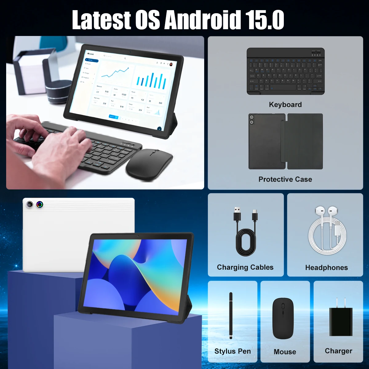 11 inch Android 15 Tablet PC 24(4+20)GB RAM 128GB ROM A523 Octa‑Core HD LCD 6800(8200)mAh Adult Tablet Full Set with Keyboard Mouse Case Stylus Pen Headphones Charger White Black
