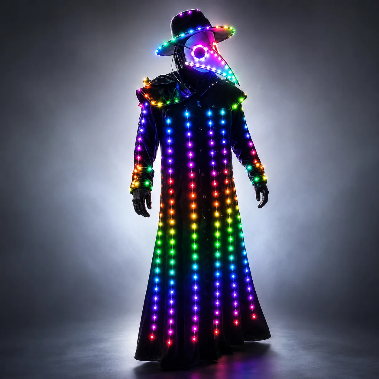 Full color LED illuminated suit Steampunk Style Plague Doctor Costume Beaked Crow with light Long Taken Mask Costume