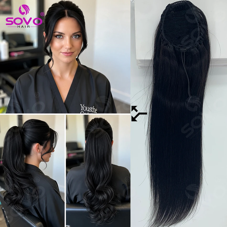 100% Remy Brazilian Straight Human Hair Ponytail Drawstring Natural Black Clip In Wrap Hairpiece for Women view 6