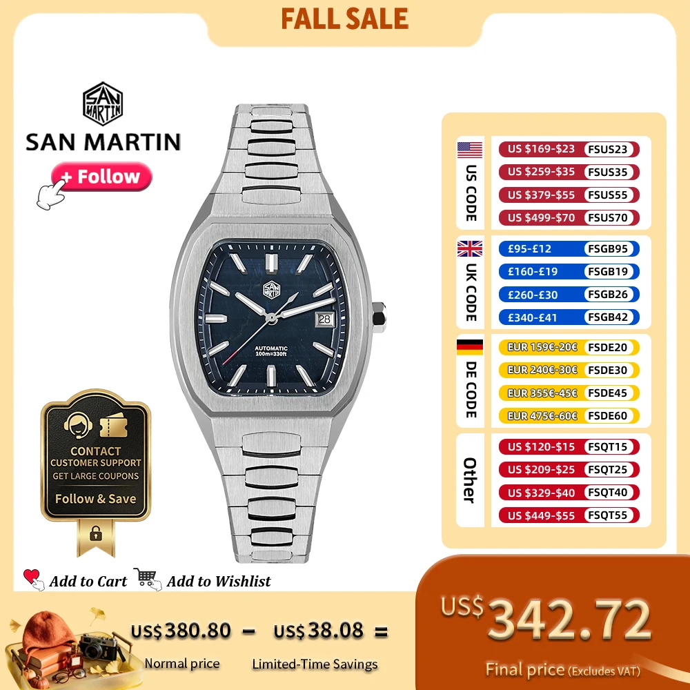 San Martin 39.5mm Tonneau Men Watch Luxury Business Automatic Mechanical Wristwatches Waterproof 10Bar BGW-X1 Luminous SN0145
