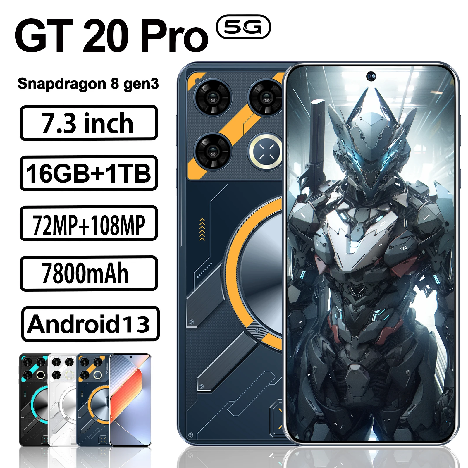 

New GT20 Pro Smartphone 7.3 Inch Original Cellphone Android14 Mobile Phone16GB+1TB 7800mAh 5G 108MP Dual SIM Card Global Version